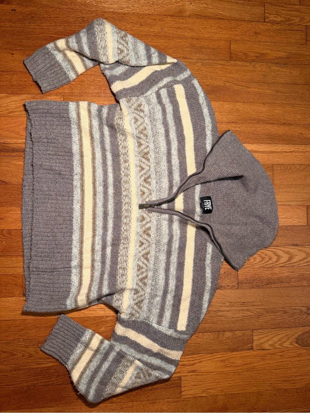Frye Grey Striped Half-Zip Hooded Sweater with Cream and Tan Accents